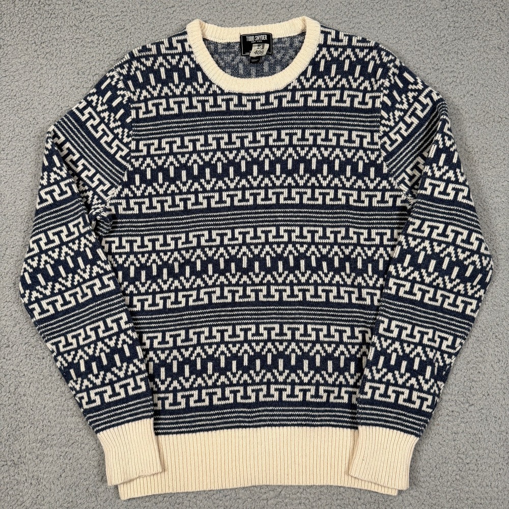 Vintage Todd Snyder Lambs Wool Sweater Womens M Blue Aztec Lightweight Crewneck